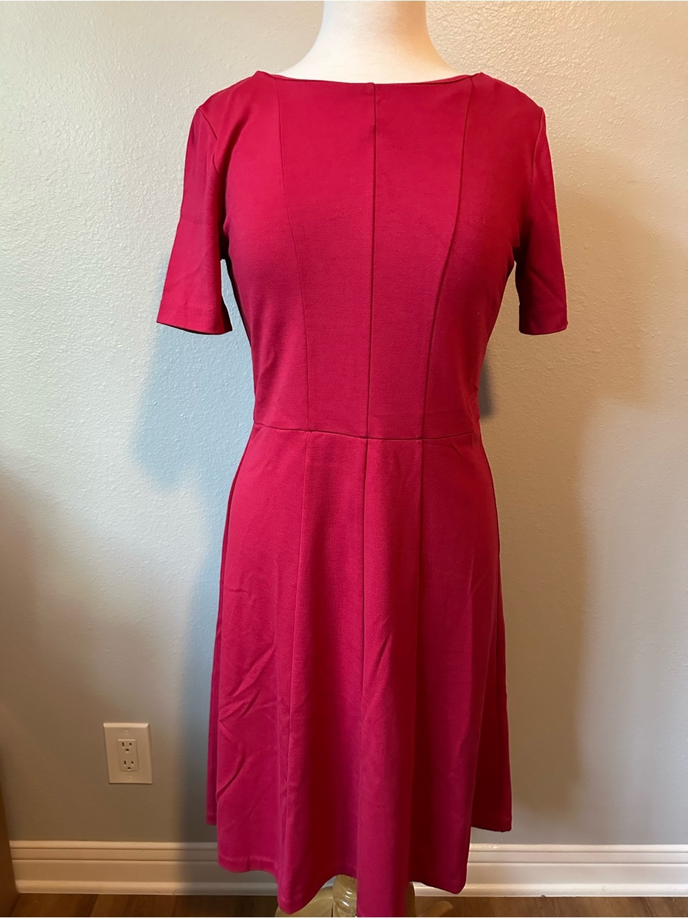 Ann Taylor Fit-and-Flare Midi Dress in Raspberry